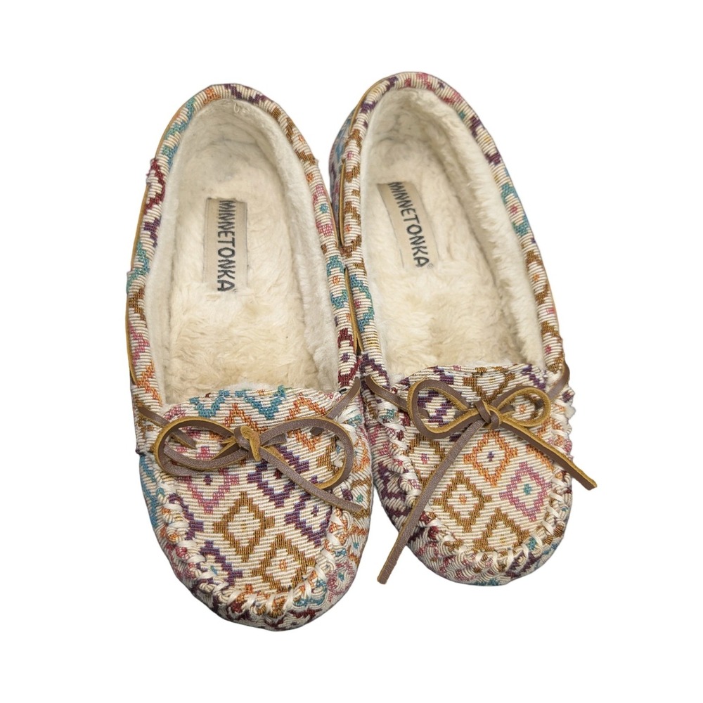 Minnetonka Women's 6 Moccasin Slippers Multicolor Aztec Faux Fur Lined